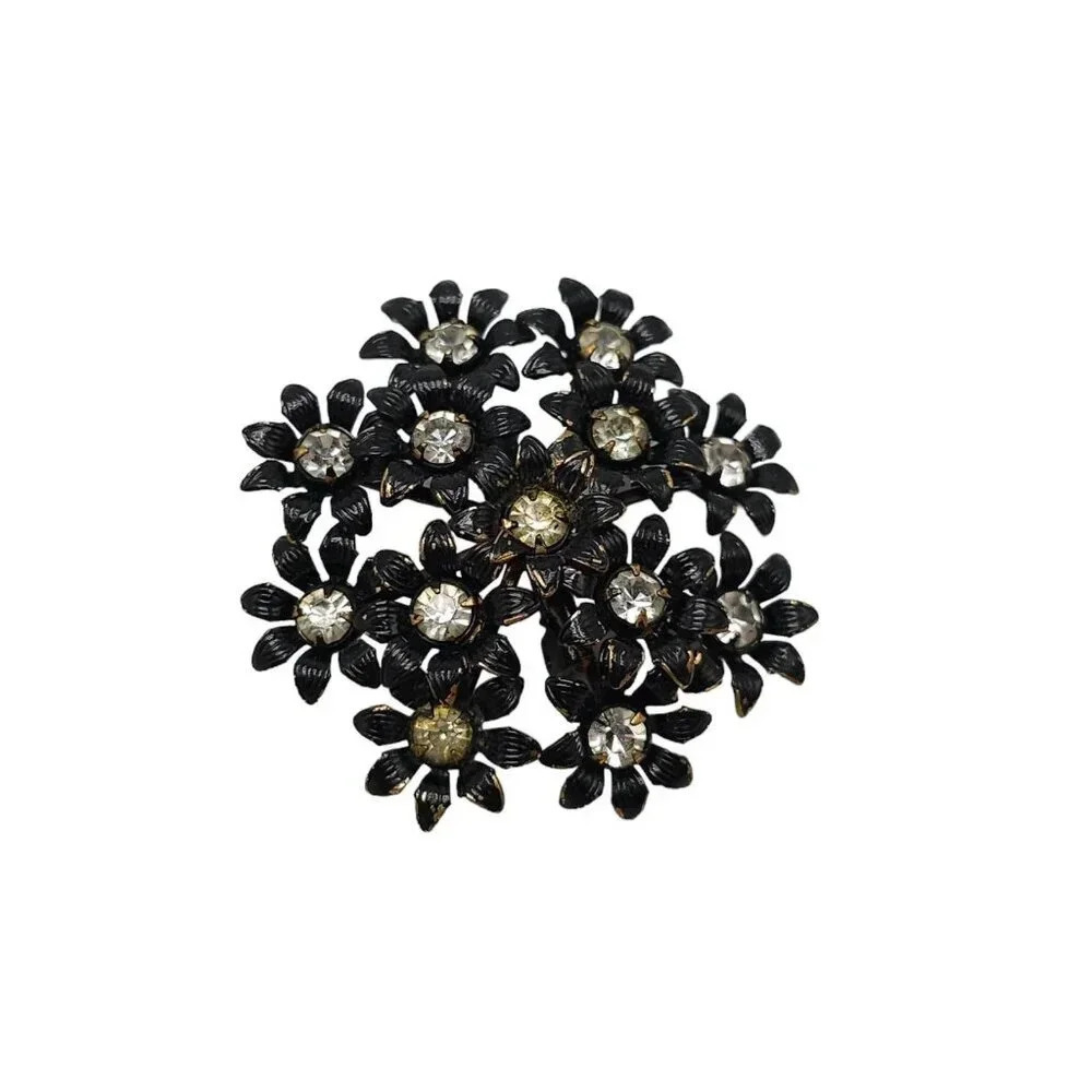 Black Enamel Flower Clear Rhinestone Brooch Pin Vintage